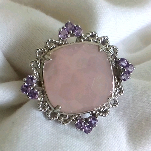💍Huge Stone Rose Quartz & Amethyst Silver Ring - Picture 1 of 7